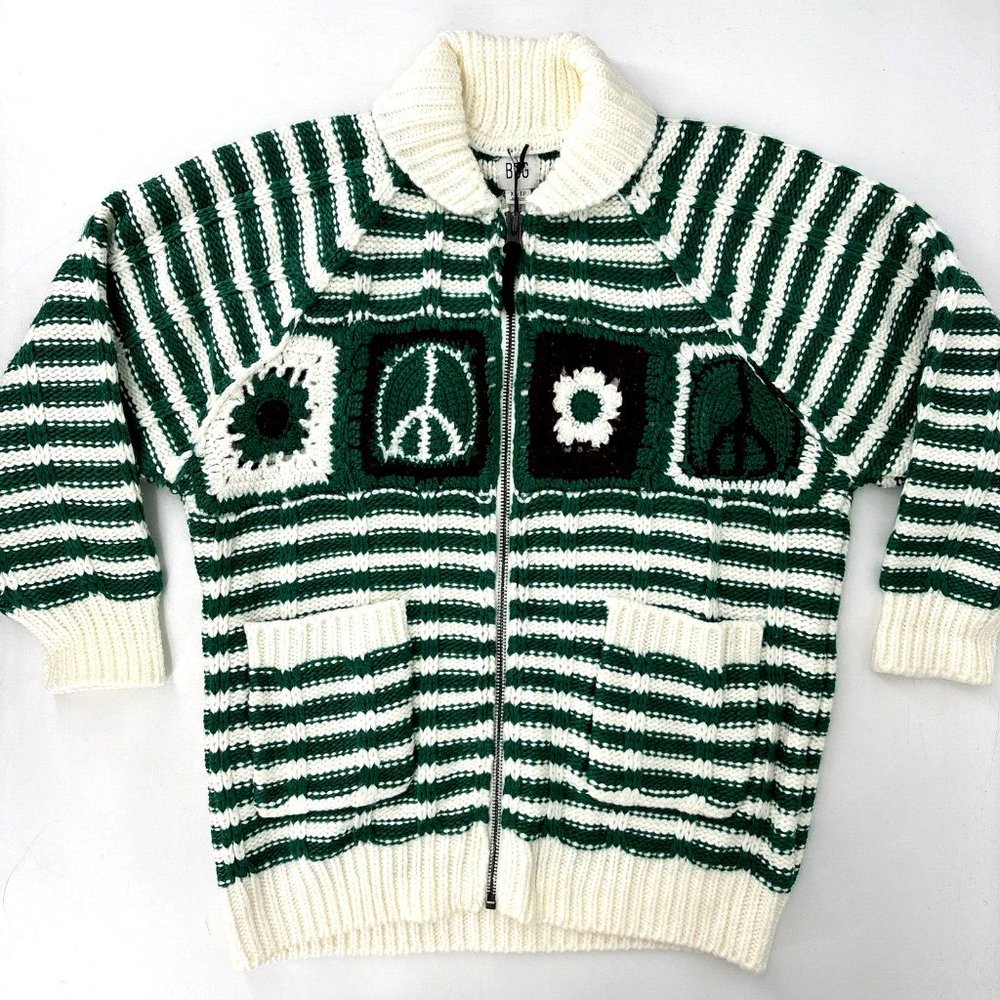 UO BDG Crochet Knit Zip Up Cardigan Sweater Patchwork Green Peace NWT $148 sz XS